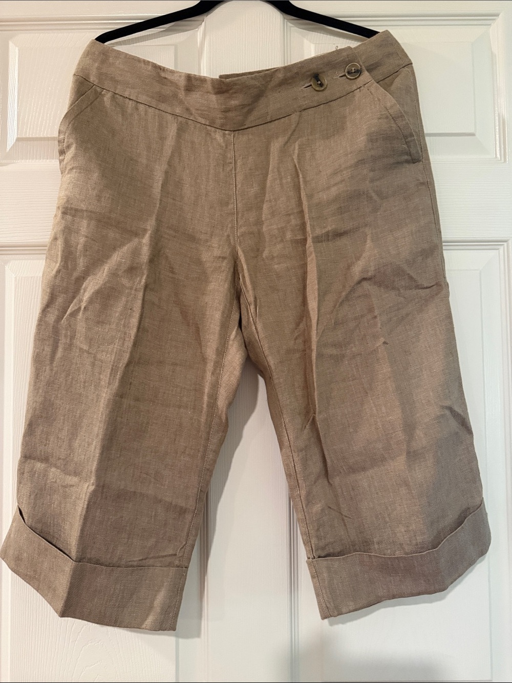 Tan Linen Capri Pants with Button Detail